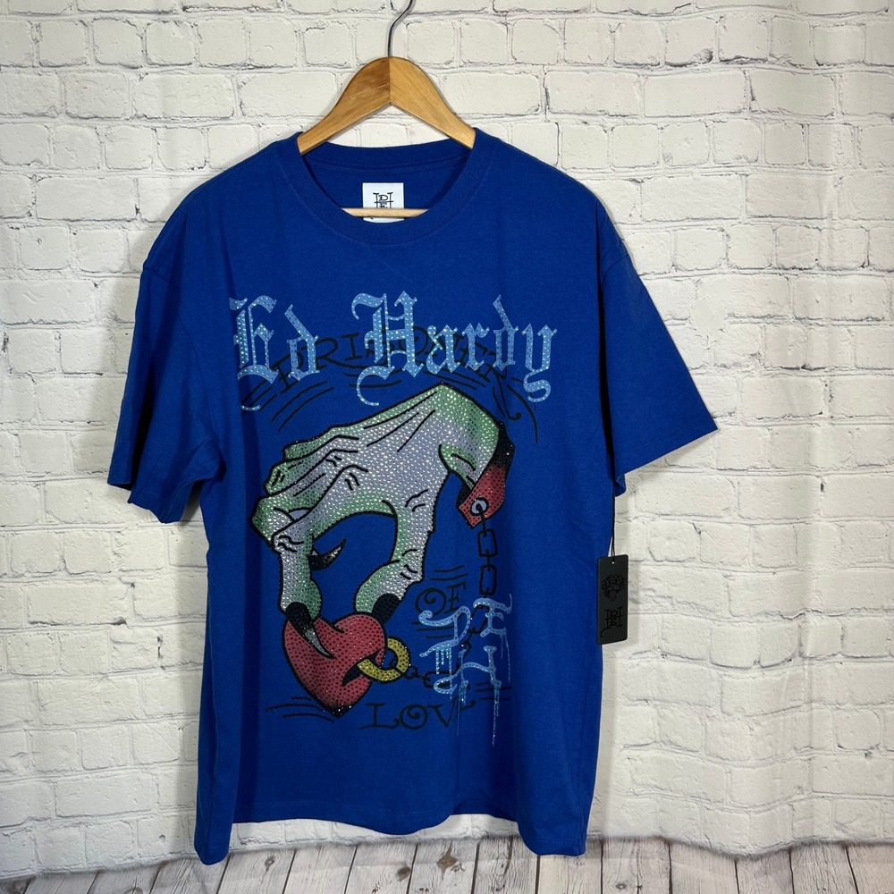 NEW Ed Hardy Mens Blue Rhinestone Graphic T-Shirt Don't Die of Love Medium